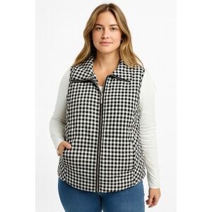 CHICO'S Women's Sz 1 (M/8)  Vest Plaid White Black Zipper Closure Pockets Casual